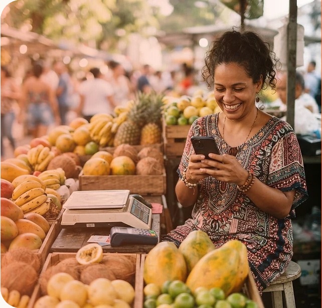Feirante usando o celular em sua barraca